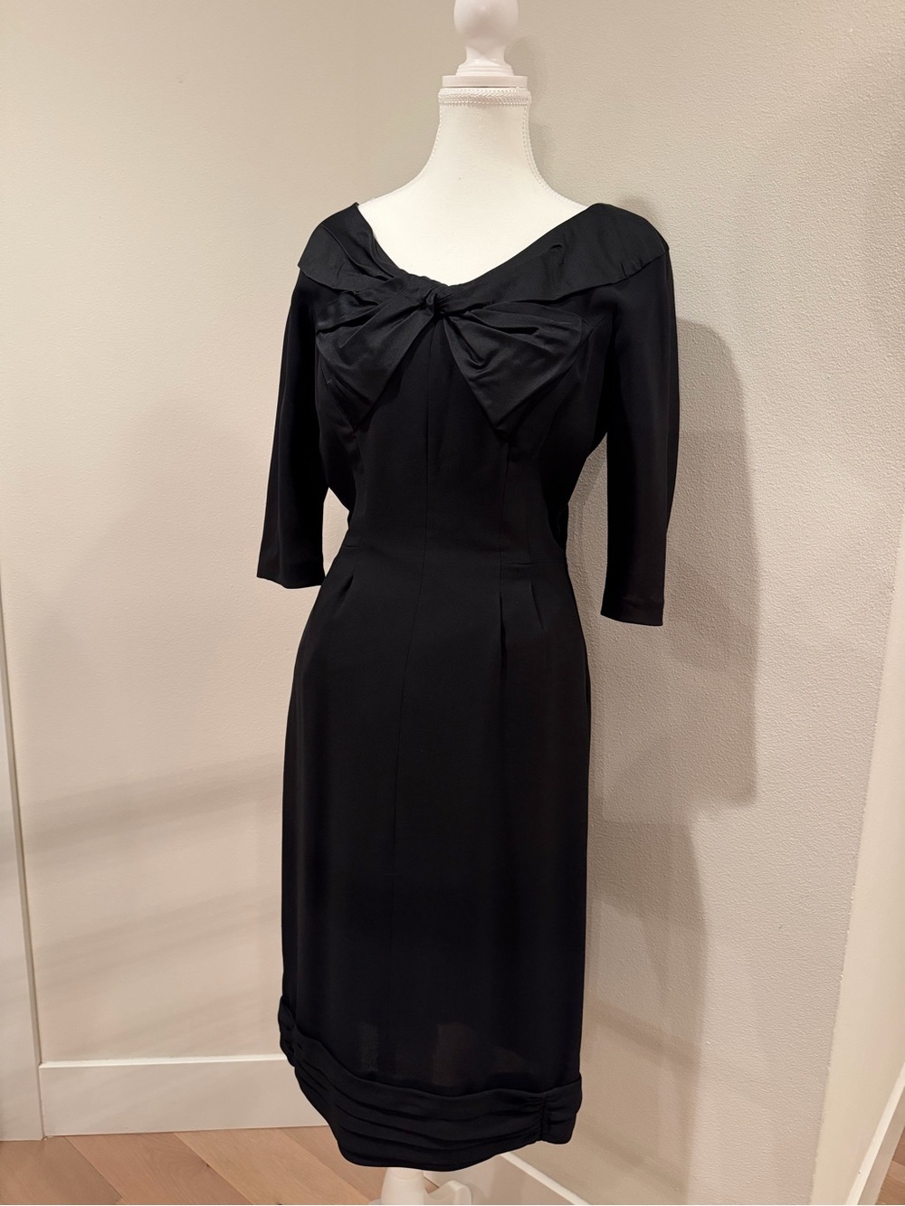 Vintage 1960’s Elegant Black Midi Dress with Bow Detail